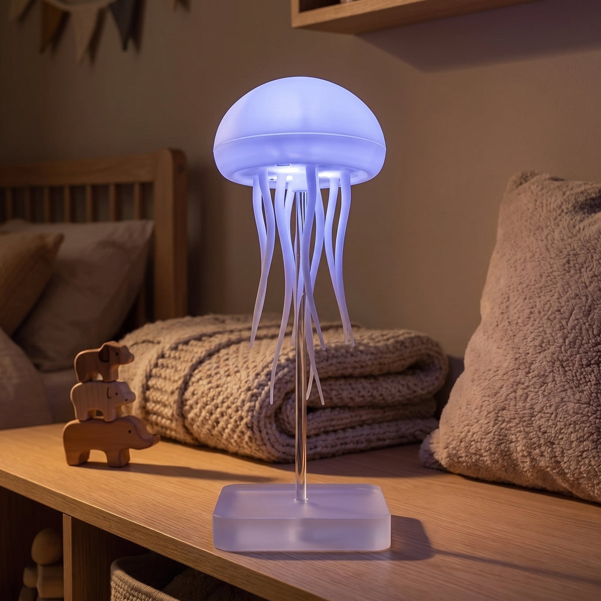 Medusa jellyfish light glowing on a shelf in a child's bedroom at night, Style Room