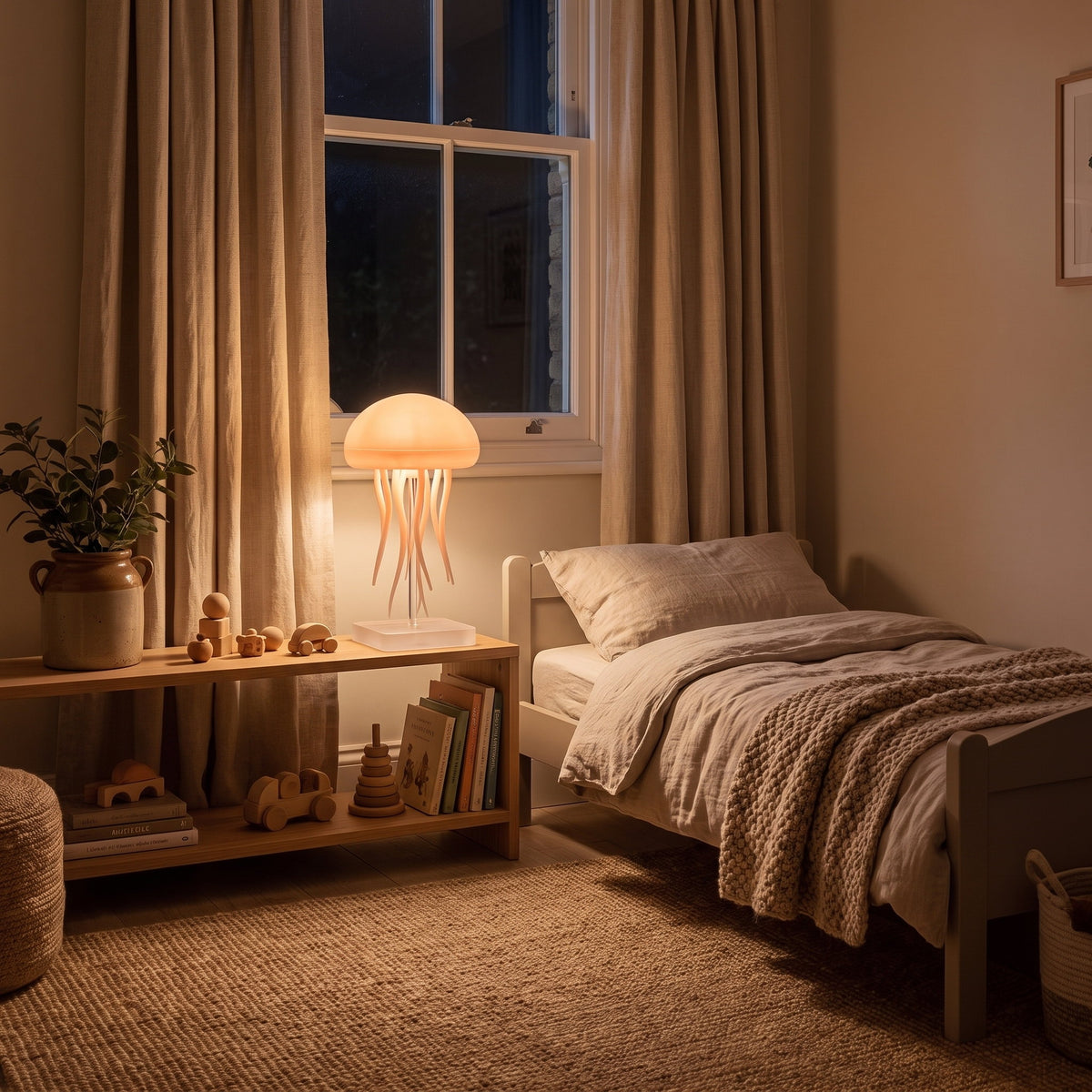 Medusa jellyfish light glowing in a furnished child's bedroom at night, Style Room