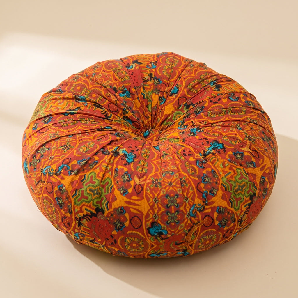 Mira plush meditation cushion in rust orange with bohemian paisley print, Style Room