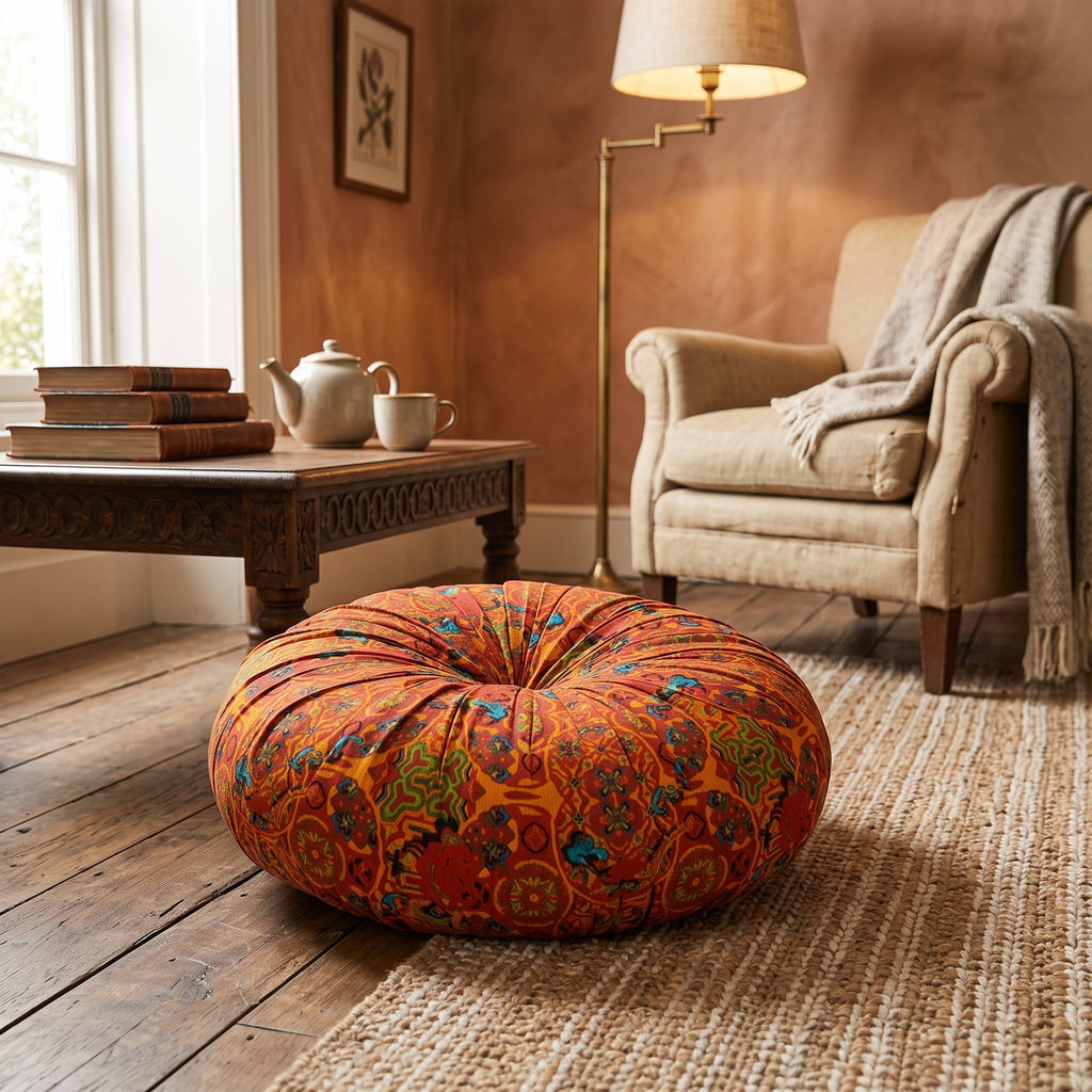 Rust orange bohemian floor cushion in a warm reading corner on a jute rug, Style Room