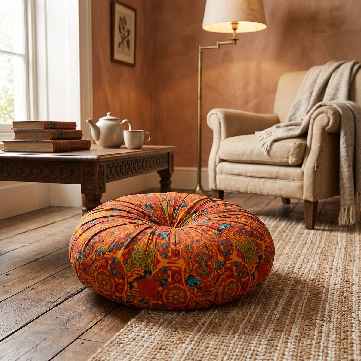Rust orange bohemian floor cushion in a warm reading corner on a jute rug, Style Room