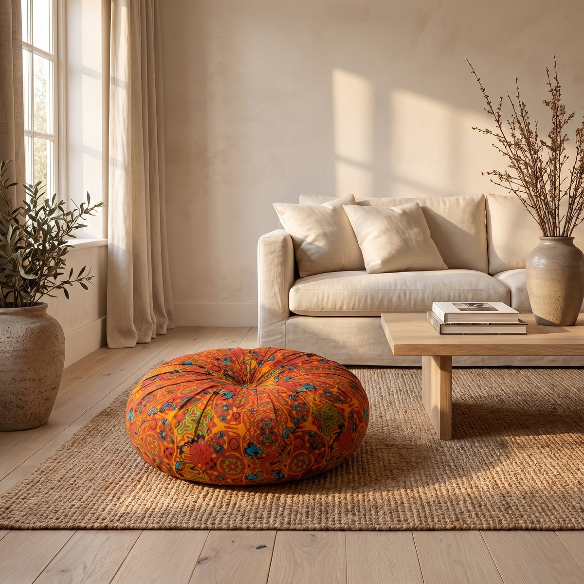 Rust orange bohemian floor cushion in a warm reading corner on a jute rug, Style Room