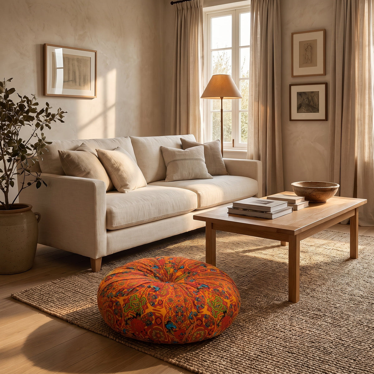 Sitting room with the Mira rust orange meditation cushion on a woven rug, Style Room