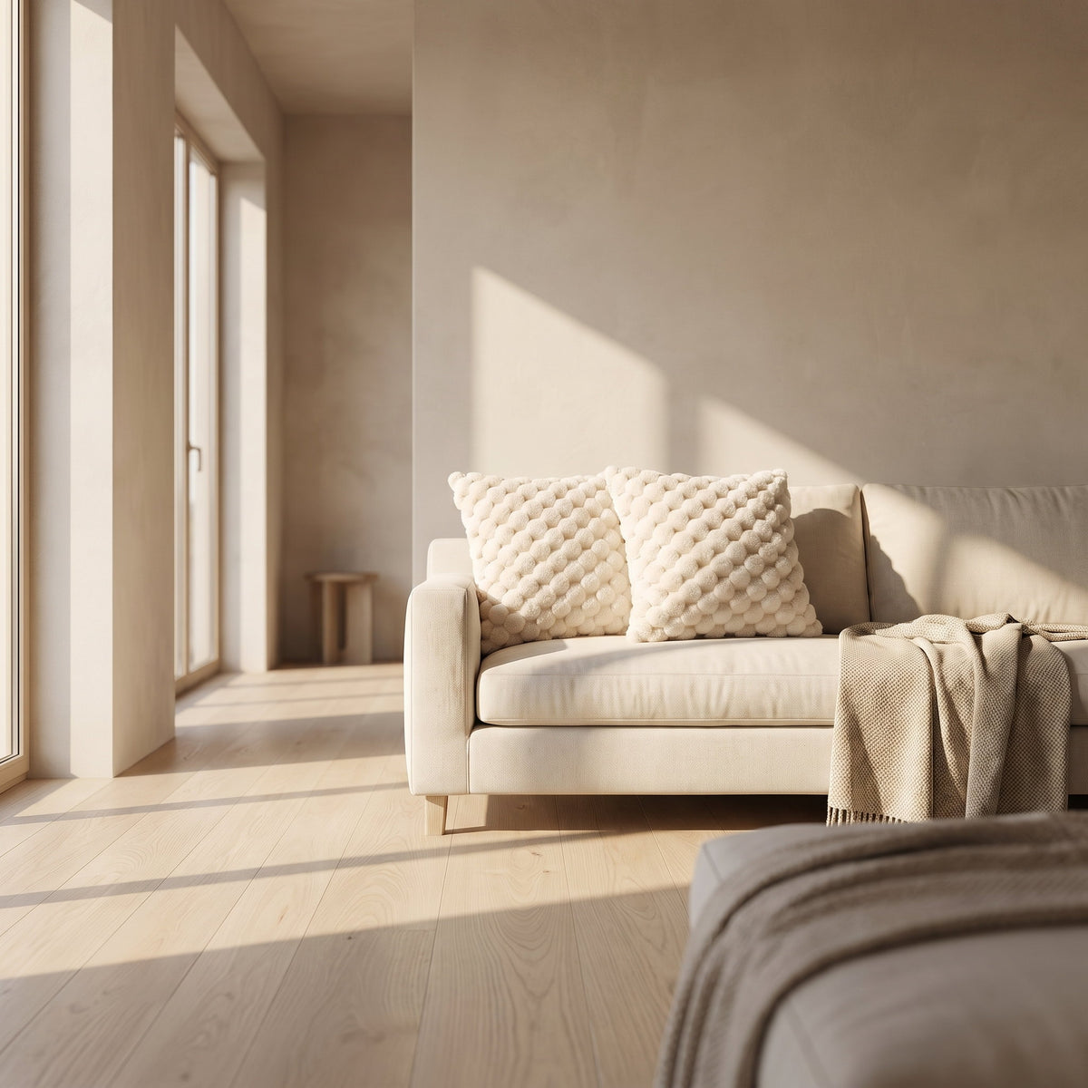 Mira cream plush cushions in a calm cream living room, Style Room