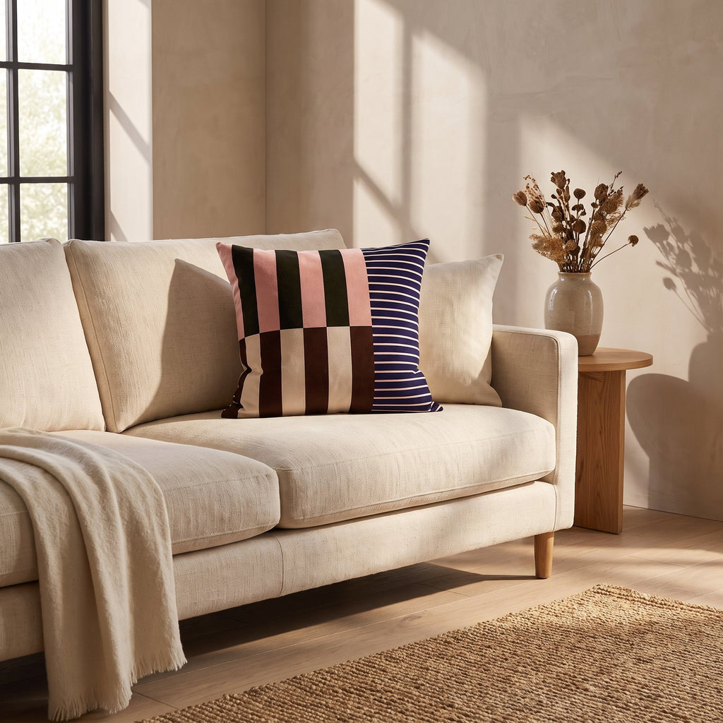 Mira colour-block cushion on a cream linen sofa, Style Room