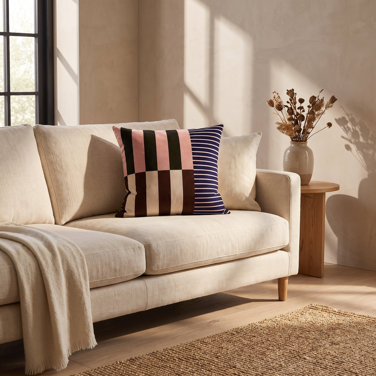 Mira colour-block cushion on a cream linen sofa, Style Room