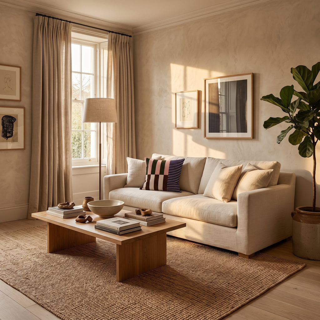 Mira colour-block cushion in a warm styled living room, Style Room