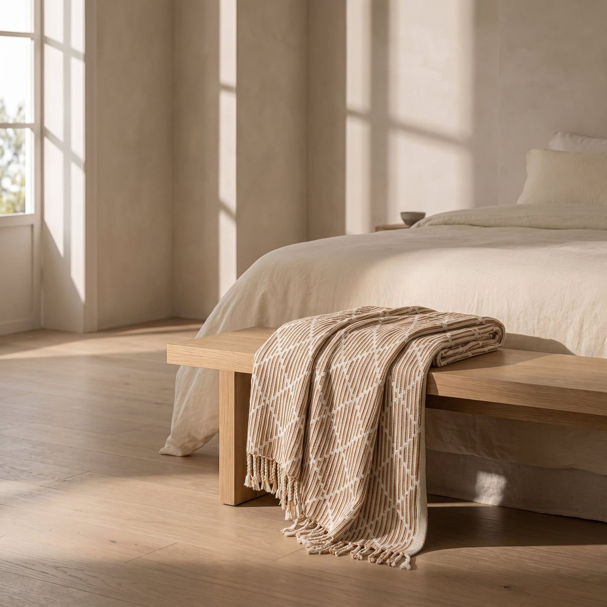 Mira knitted throw folded over a pale oak bench, Style Room