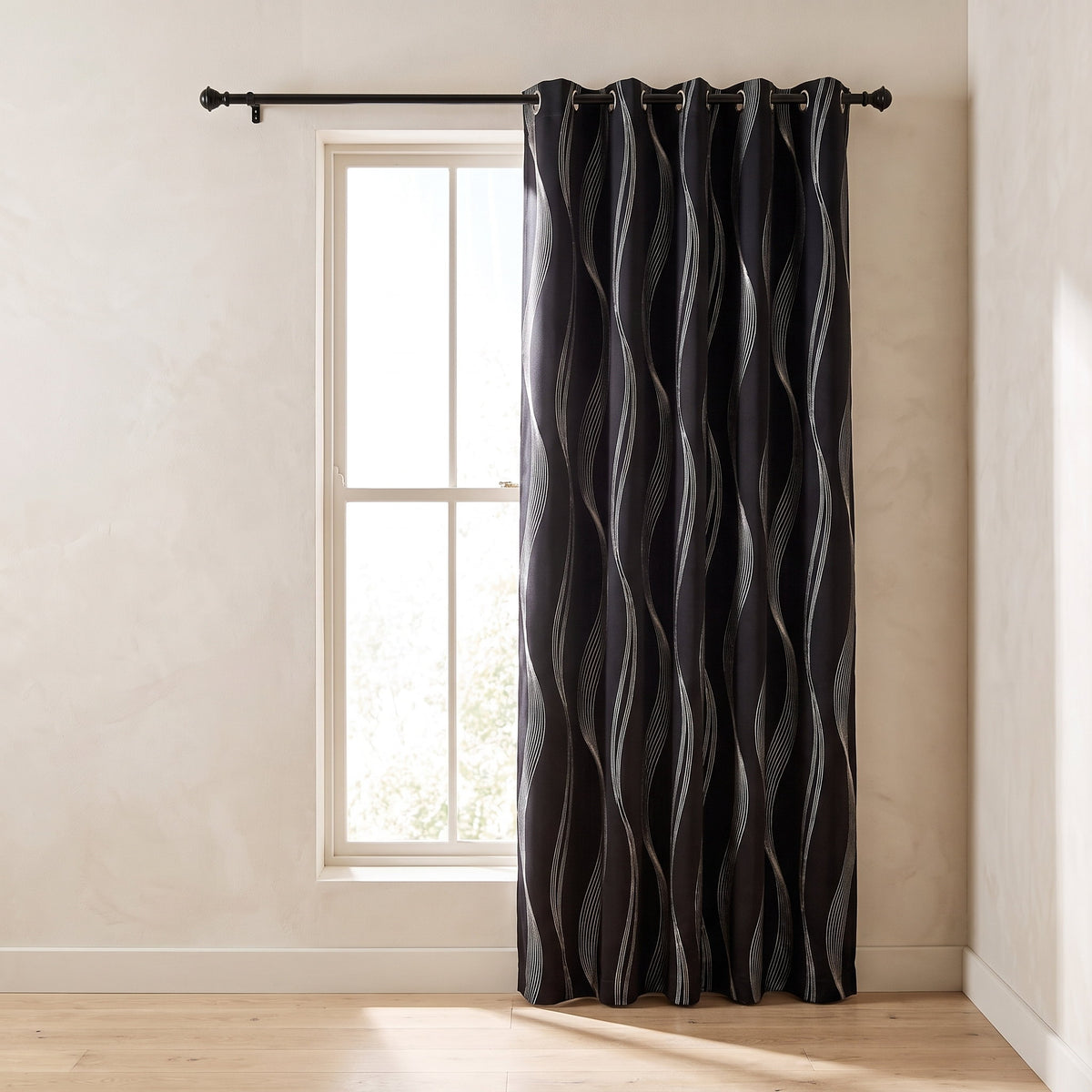 Mira black blackout curtain panels with silver wave pattern, Style Room