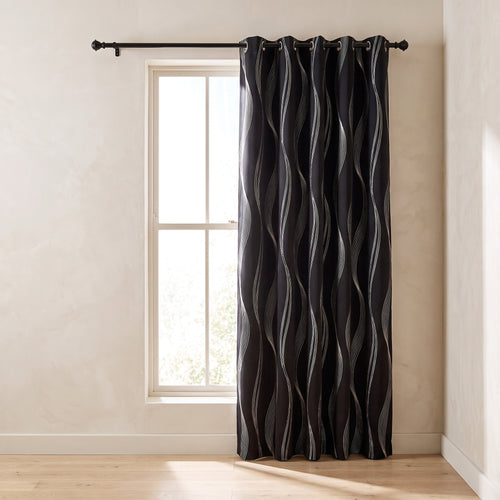 Mira black blackout curtain panels with silver wave pattern, Style Room