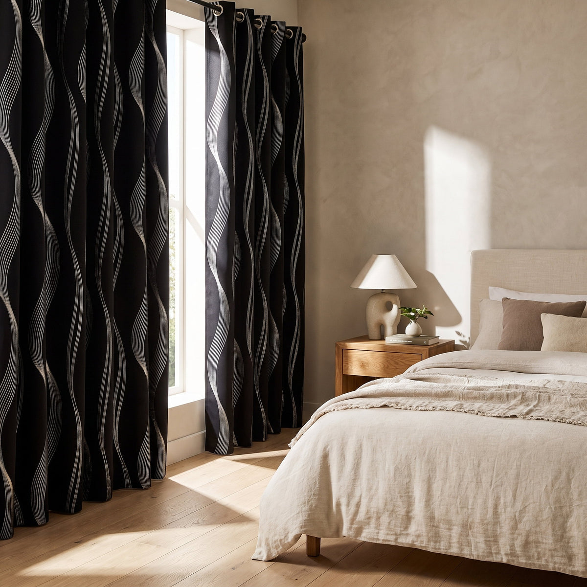 Mira wave curtains hanging at a tall window, Style Room