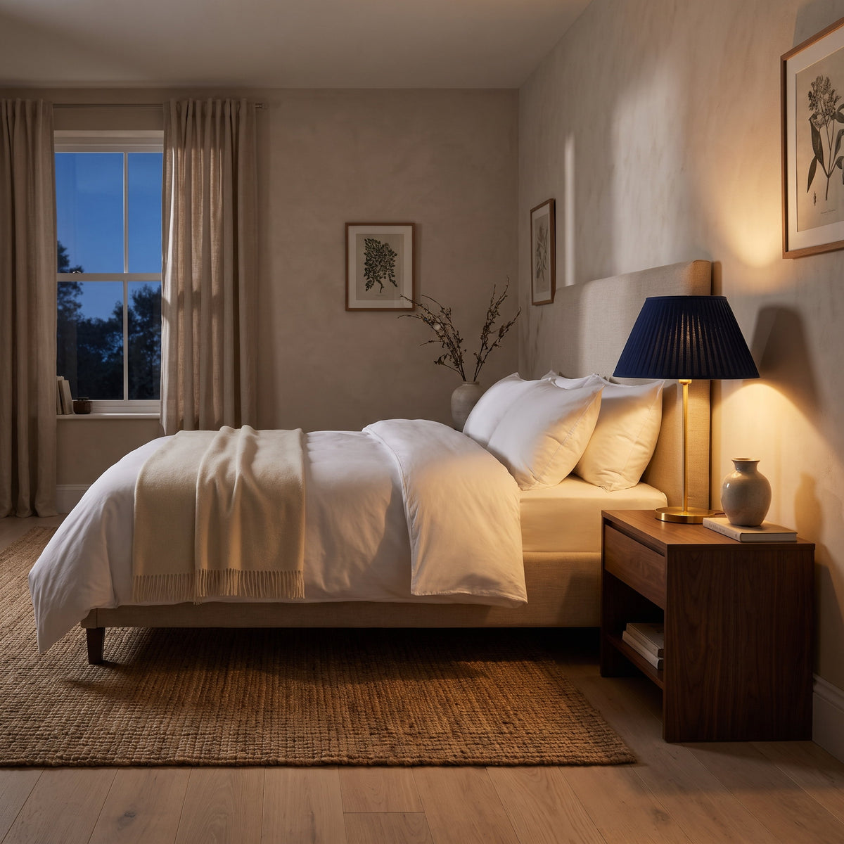 Bedroom at dusk with the Neve navy pleated table lamp lit on the nightstand, Style Room