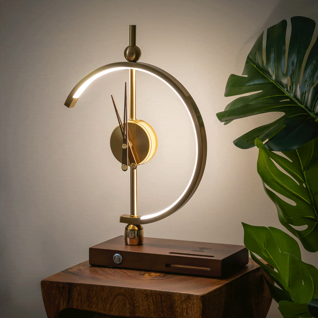 Orin clock lamp lit on a wooden side table beside a monstera plant
