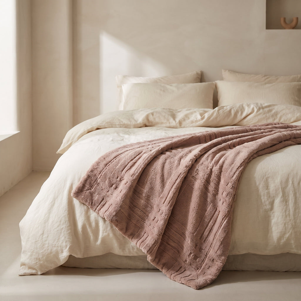 Pavo dusty pink embossed grid blanket draped across a bed dressed in cream linen