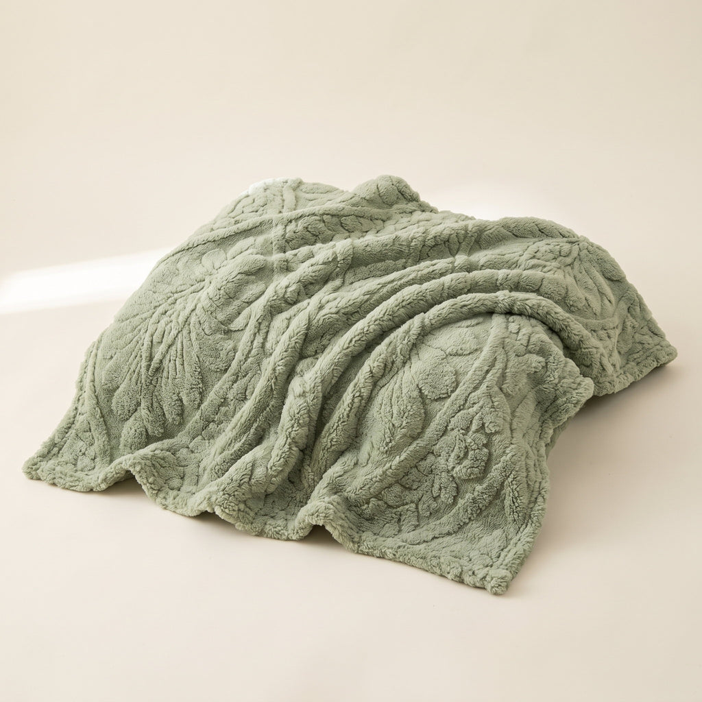 Pavo sage green plush blanket with carved botanical relief, Style Room