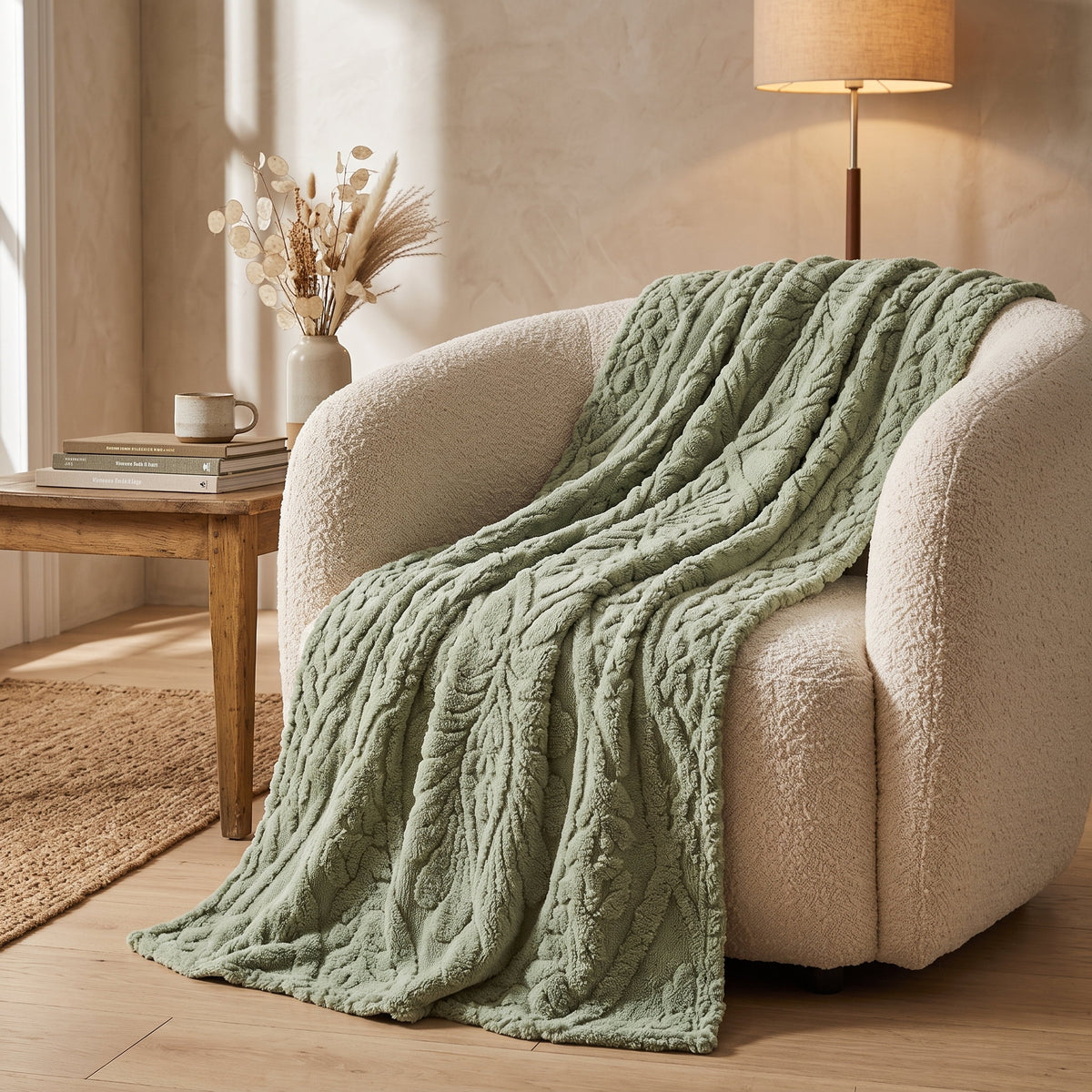 Pavo sage blanket draped over a cream boucle armchair, Style Room