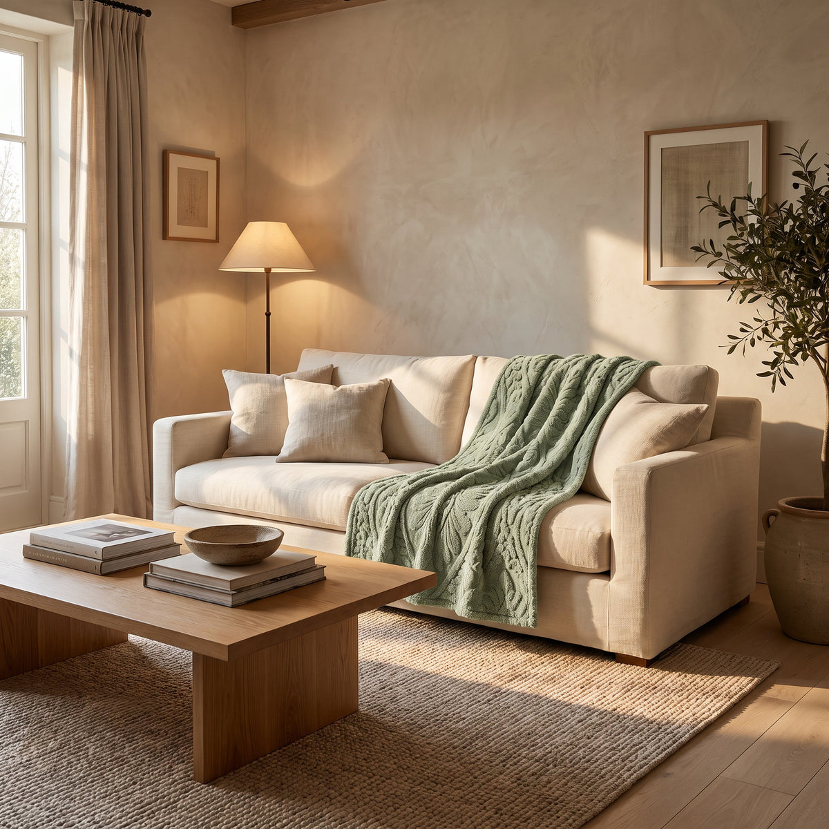 Pavo sage blanket over a sofa in a warm styled living room, Style Room