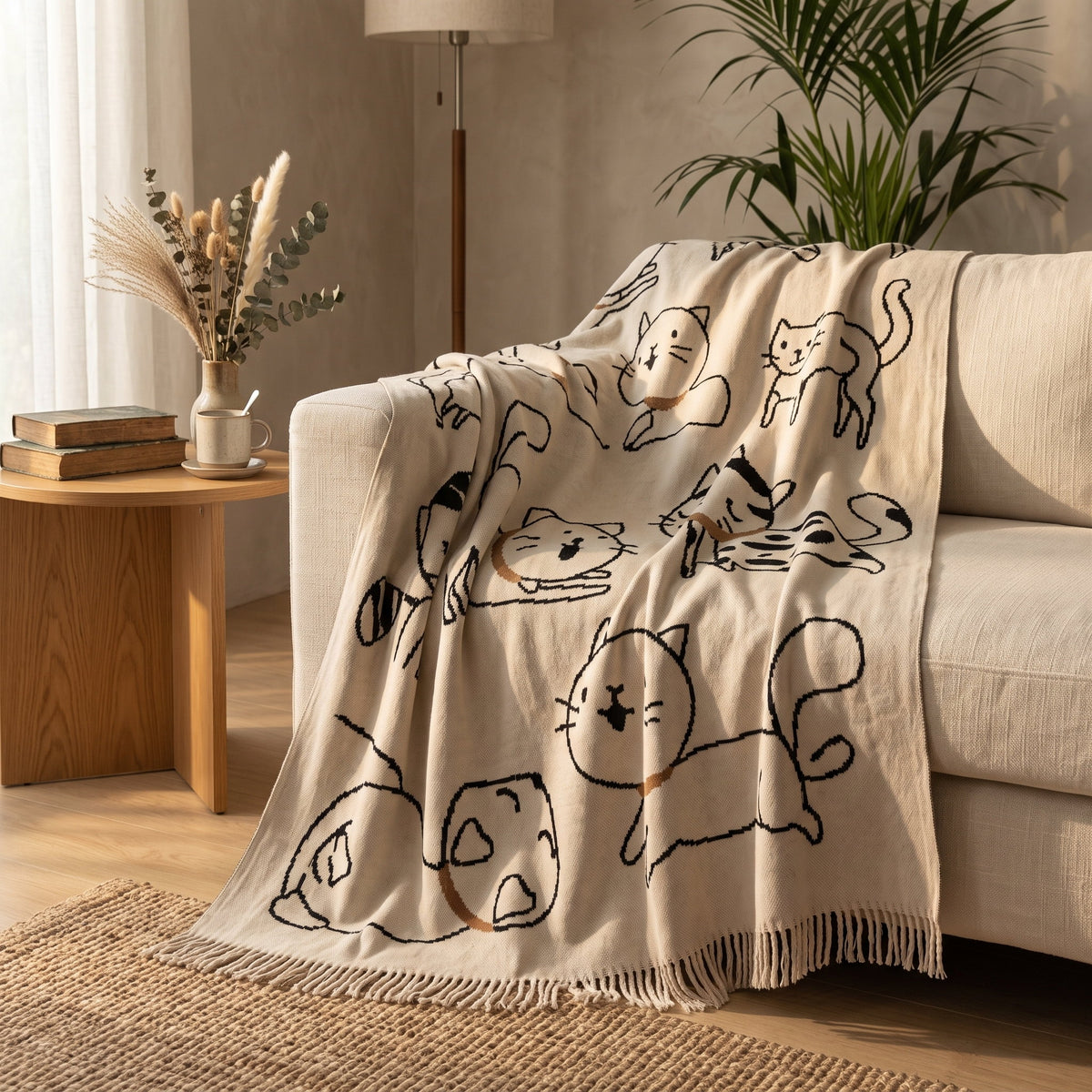 Cream cat-motif jacquard throw draped over a linen sofa in a warm sitting room, Style Room