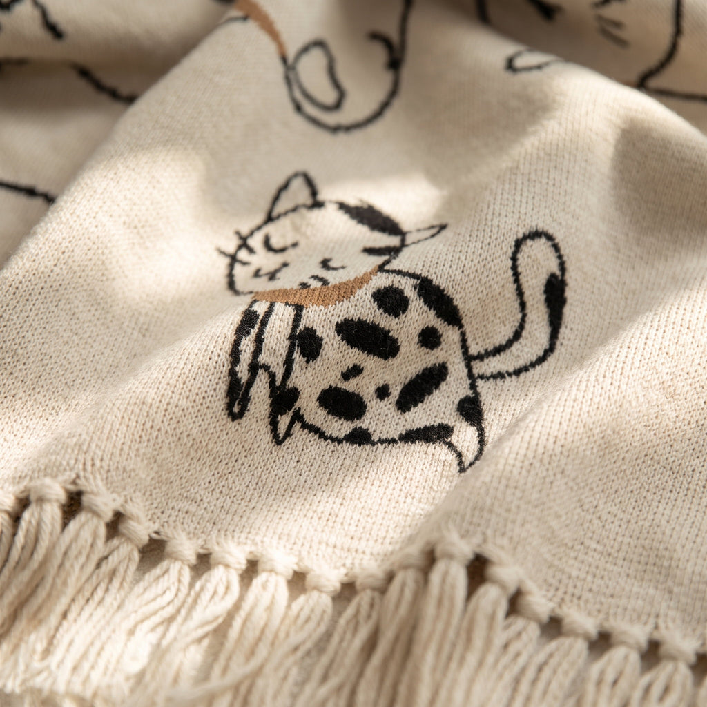 Close-up of the cotton jacquard weave and black cat motif on the Pavo nap blanket, Style Room