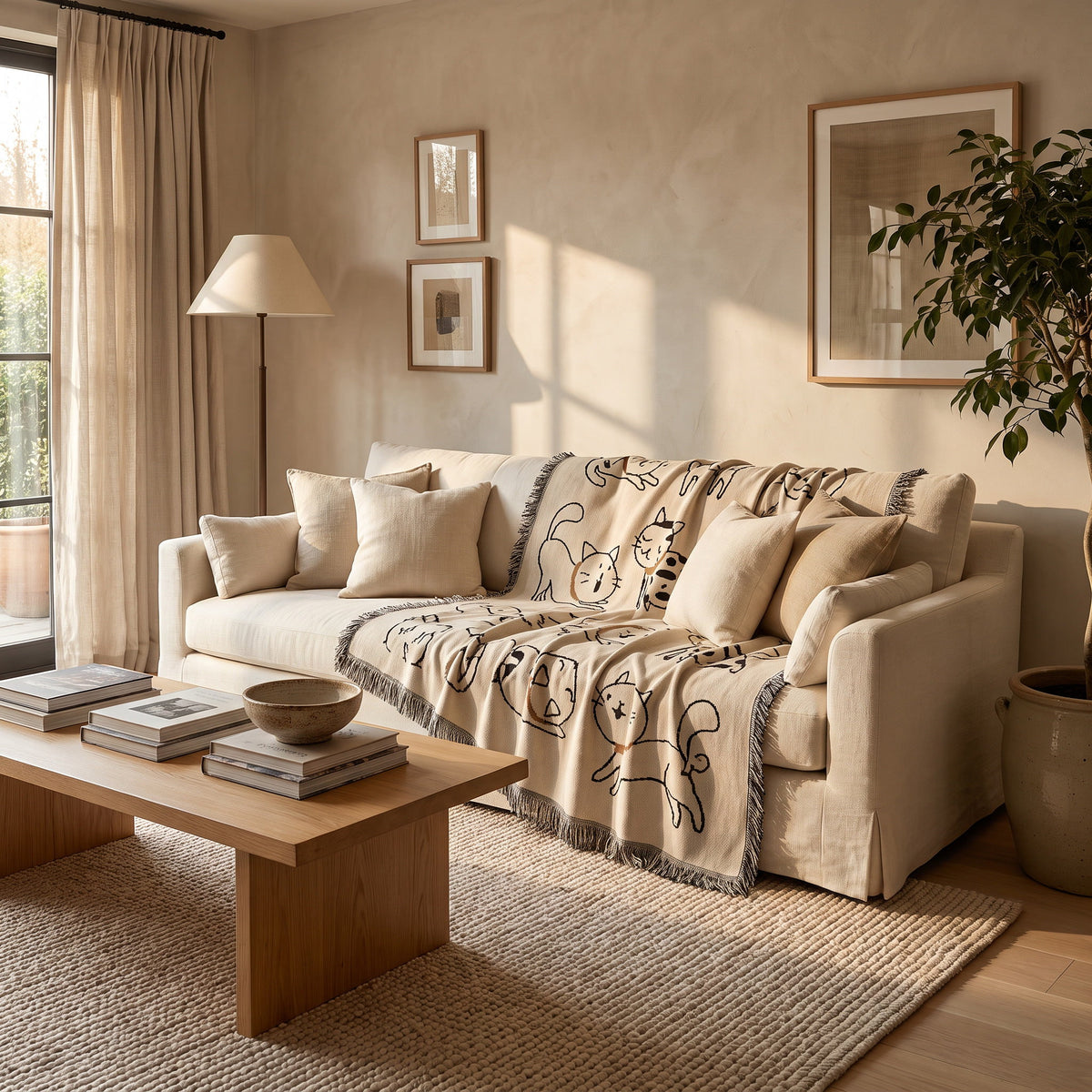 Styled sitting room with the Pavo cat jacquard throw over a cream linen sofa, Style Room