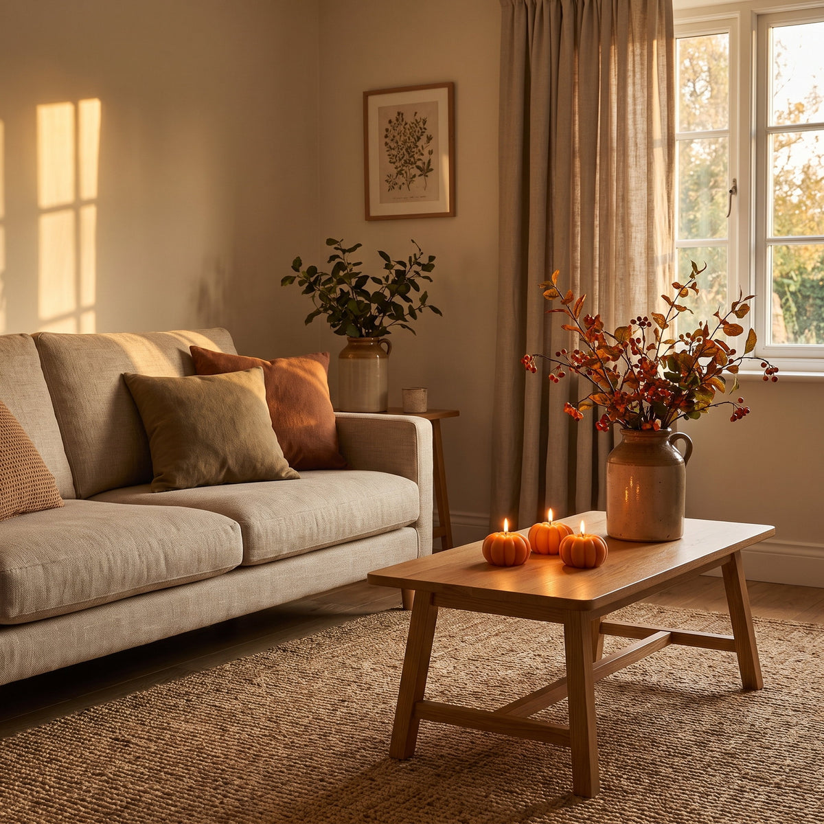 Pippin pumpkin candles lit on a coffee table in a furnished autumn sitting room, Style Room