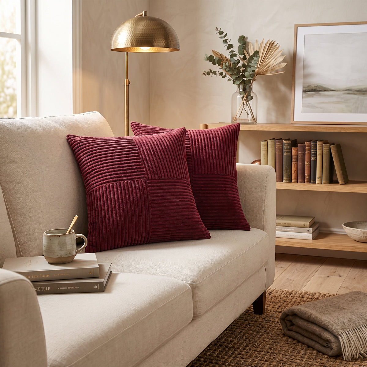 Maroon corduroy cushions on a cream linen sofa in a warm sitting room, Style Room