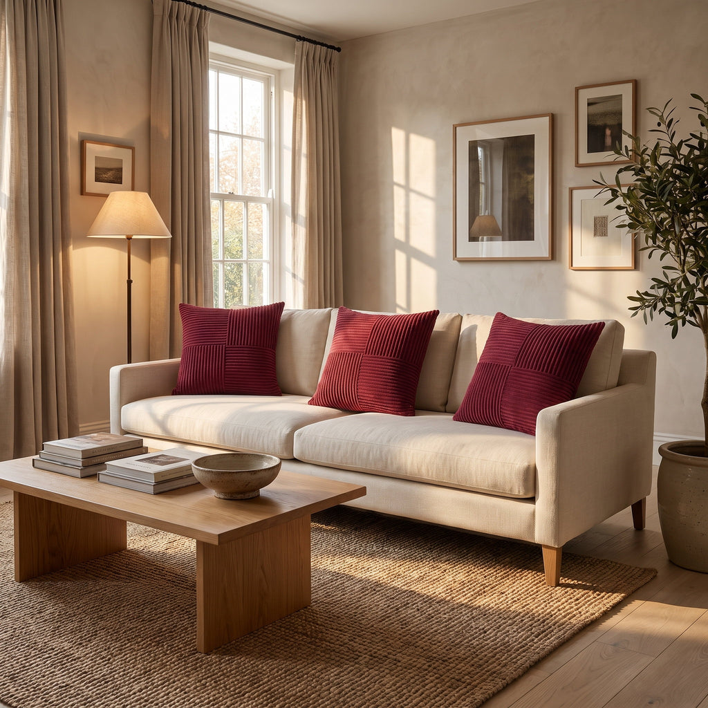 Sitting room with Raven maroon corduroy cushions on a linen sofa, Style Room