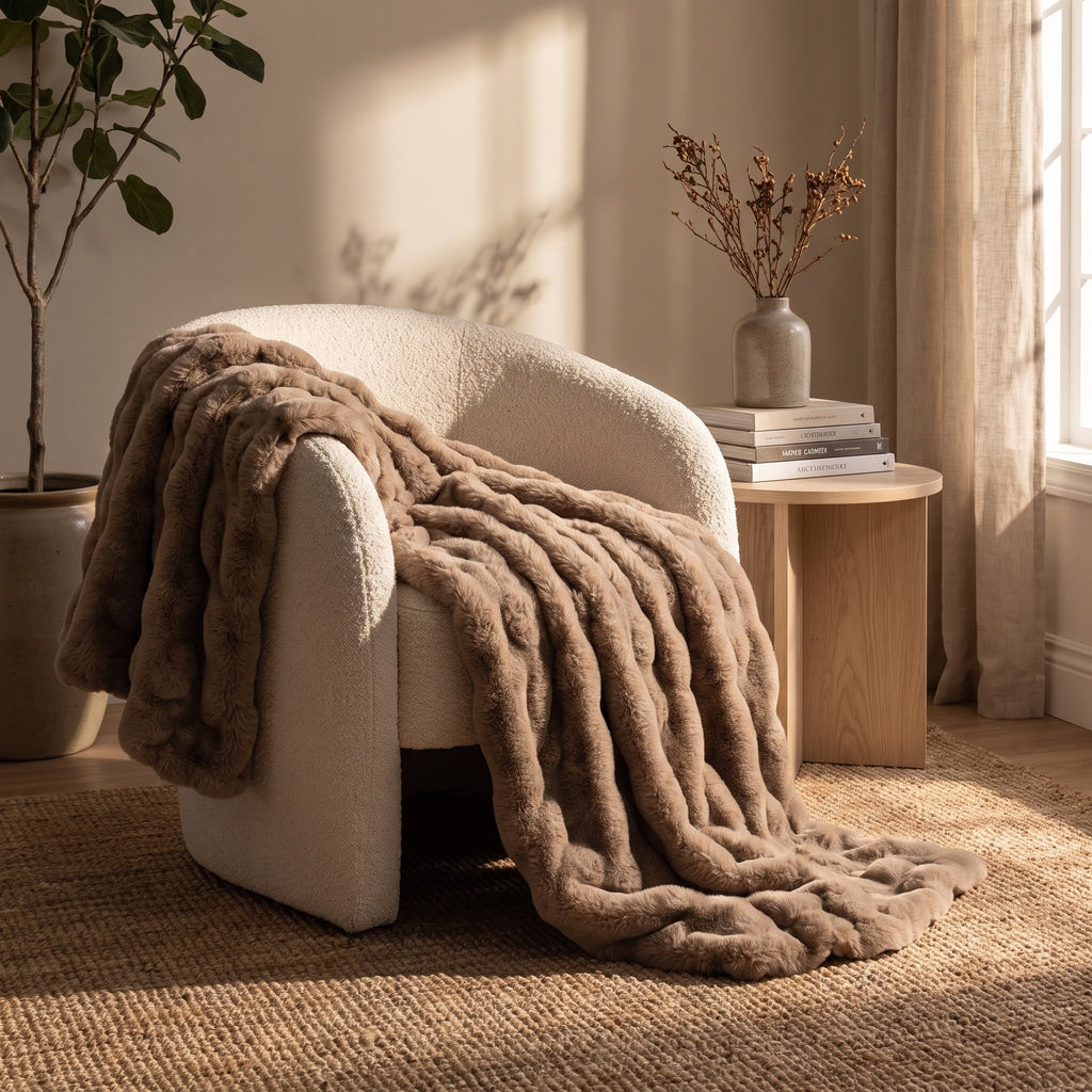 Raven faux-fur blanket throw draped over a cream boucle armchair, Style Room