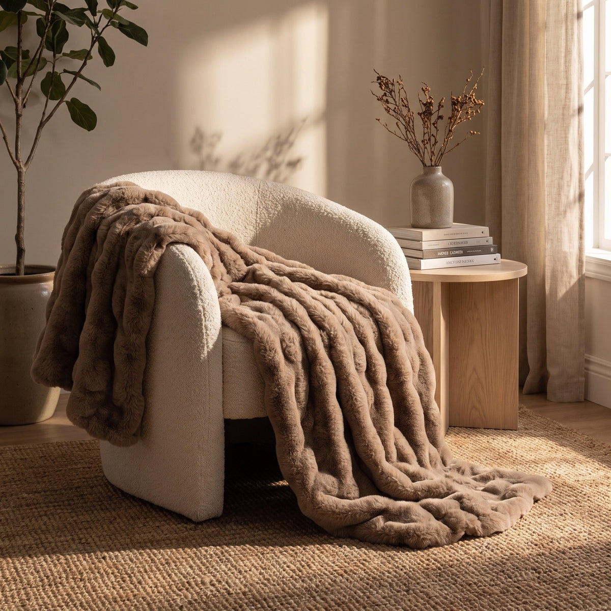 Raven faux-fur blanket throw draped over a cream boucle armchair, Style Room