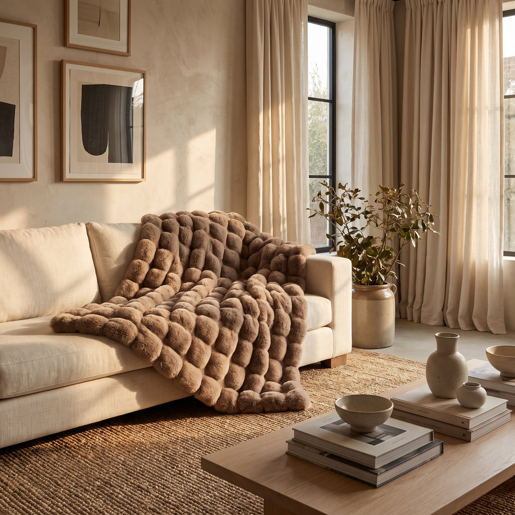 Raven faux-fur blanket throw over a sofa in a warm living room, Style Room