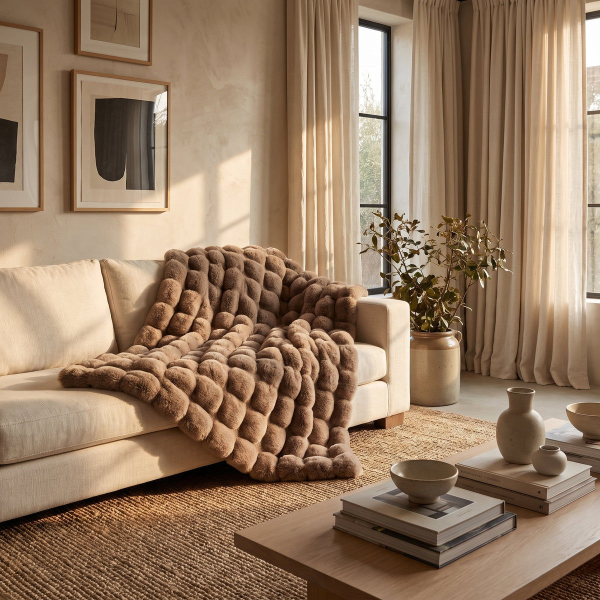 Raven faux-fur blanket throw over a sofa in a warm living room, Style Room