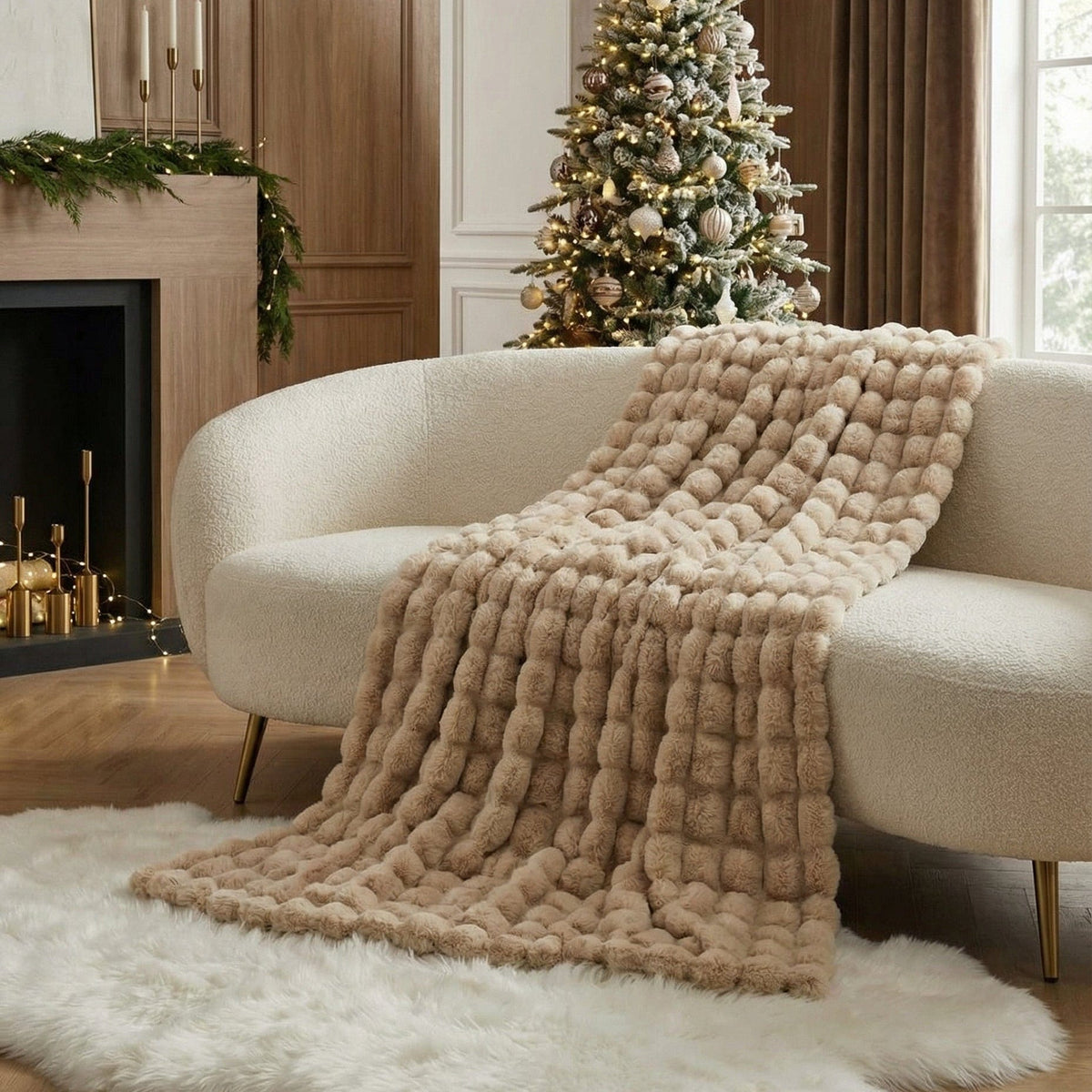 Raven throw in sand draped over the arm of a cream bouclé sofa