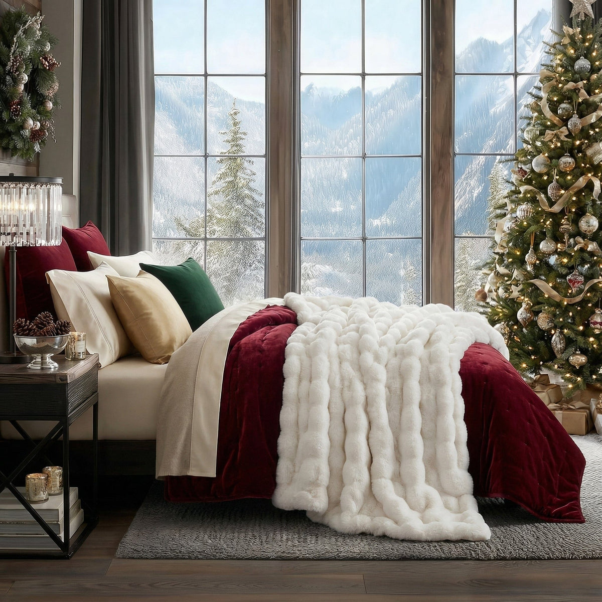 Raven throw in off-white layered over deep red bedding by a window
