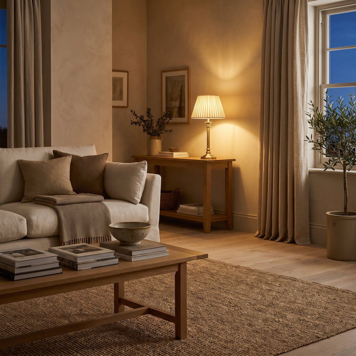Sitting room at dusk with the Rowan brass table lamp lit on a console, Style Room