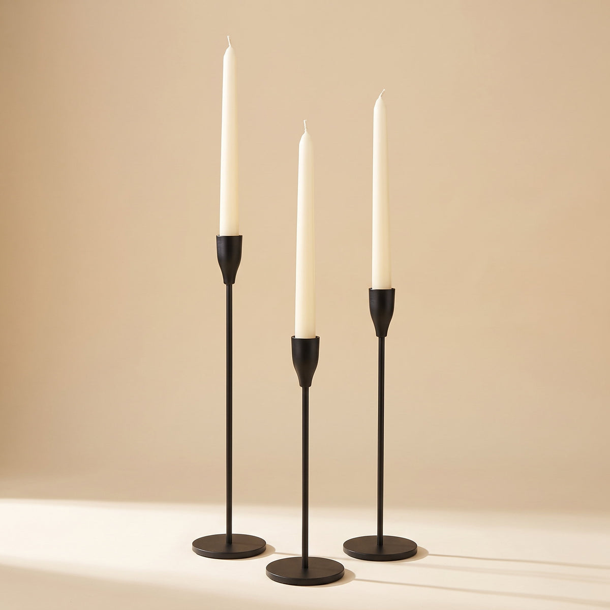 Sable candle holders set of three in matte black metal with taper candles, Style Room