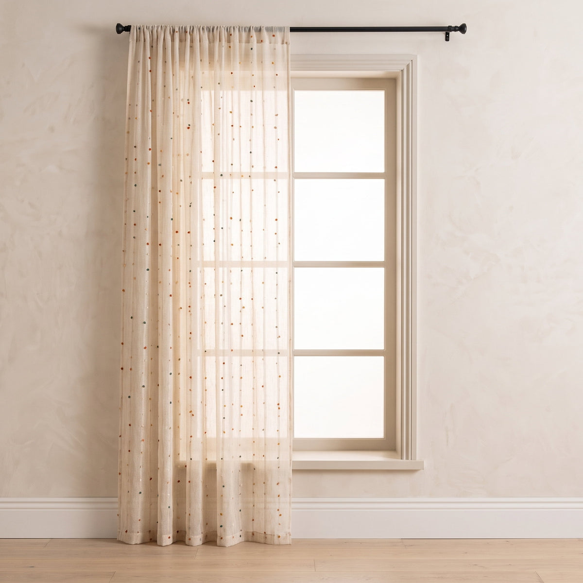 Sable cream tulle curtain with multicoloured pom-pom tufts, Style Room