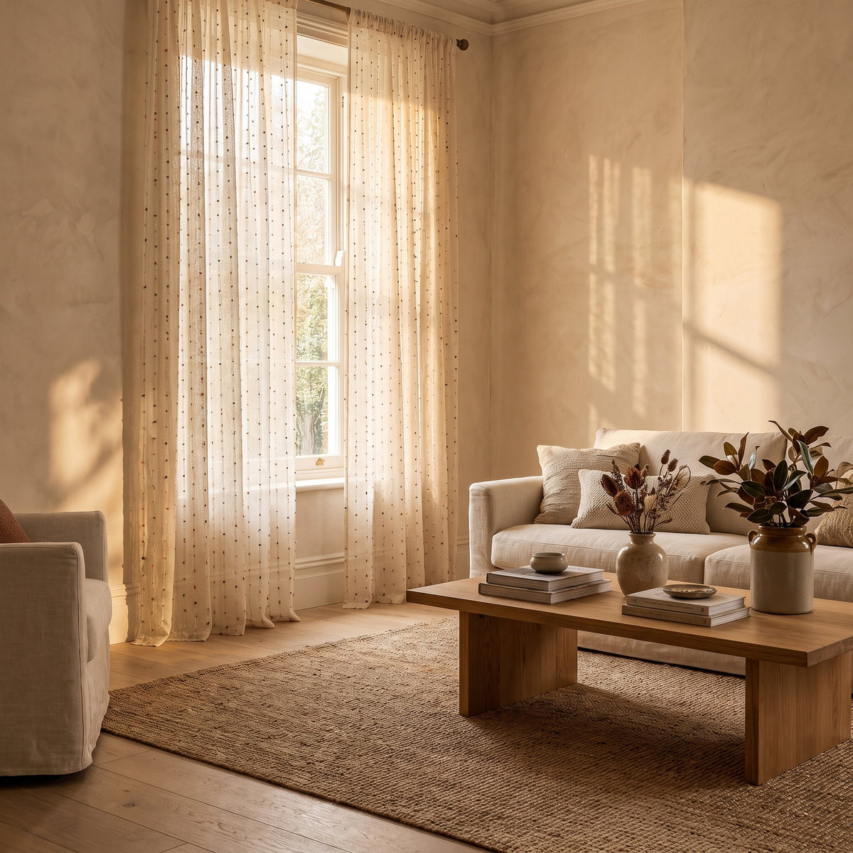 Sable pom-pom curtains in a warm styled living room, Style Room