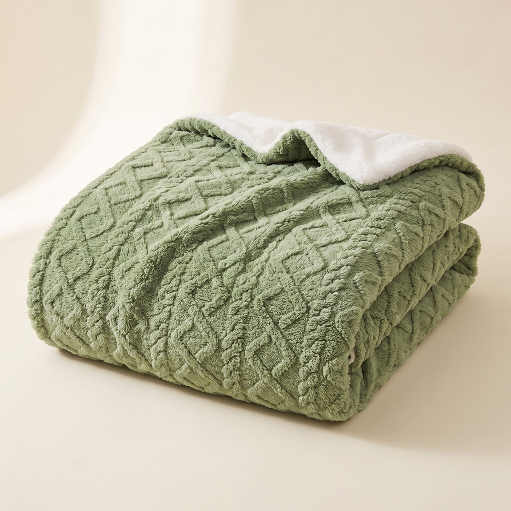 Sable thick sage green reversible plush blanket with cable relief, Style Room