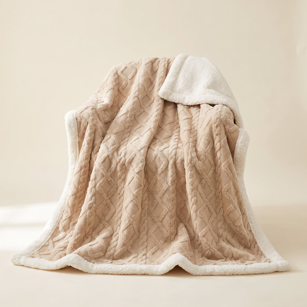 Sable sherpa blanket in latte, softly draped, Style Room