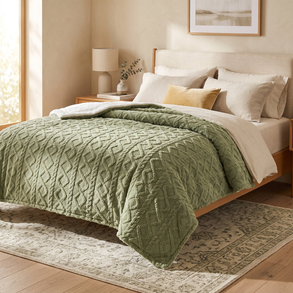Sable cable-relief blanket spread across a cream linen bed, Style Room