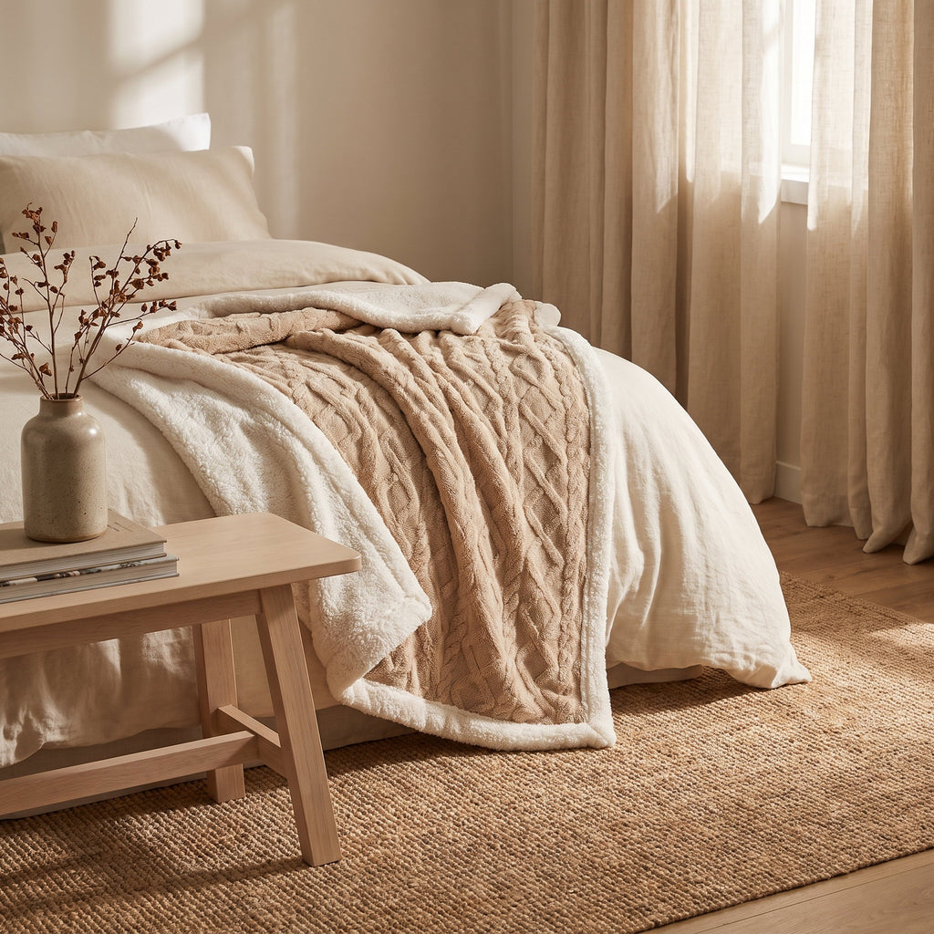 Sable sherpa blanket folded across a bed with cream linen bedding, Style Room