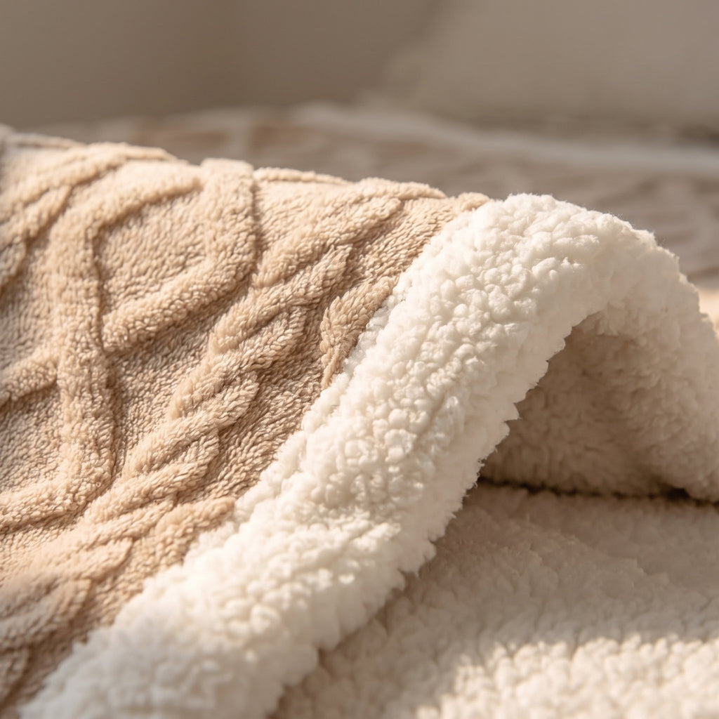 Close-up of the embossed cable jacquard and cream sherpa border of the Sable blanket, Style Room
