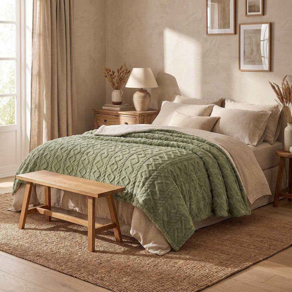Sable sage blanket in a warm styled bedroom, Style Room
