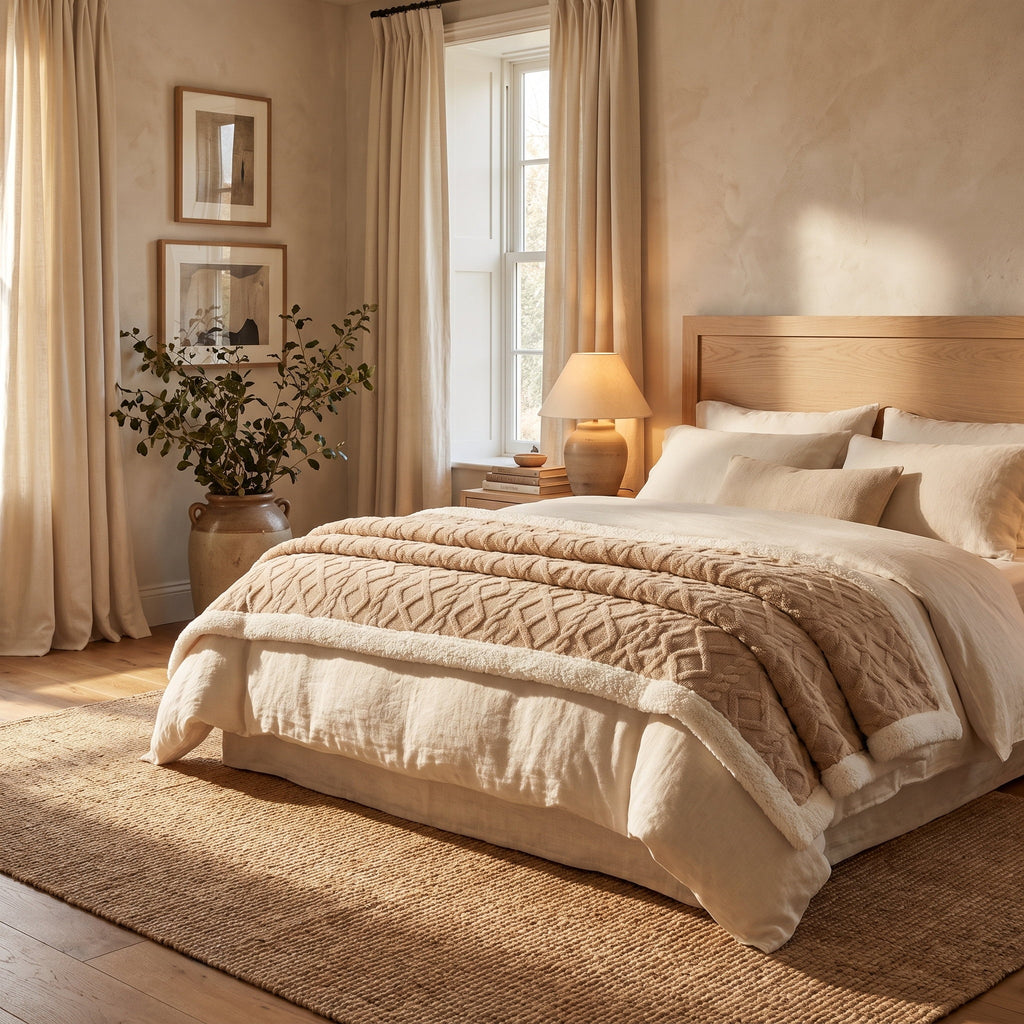 Sable sherpa blanket at the foot of a bed in a warm bedroom, Style Room