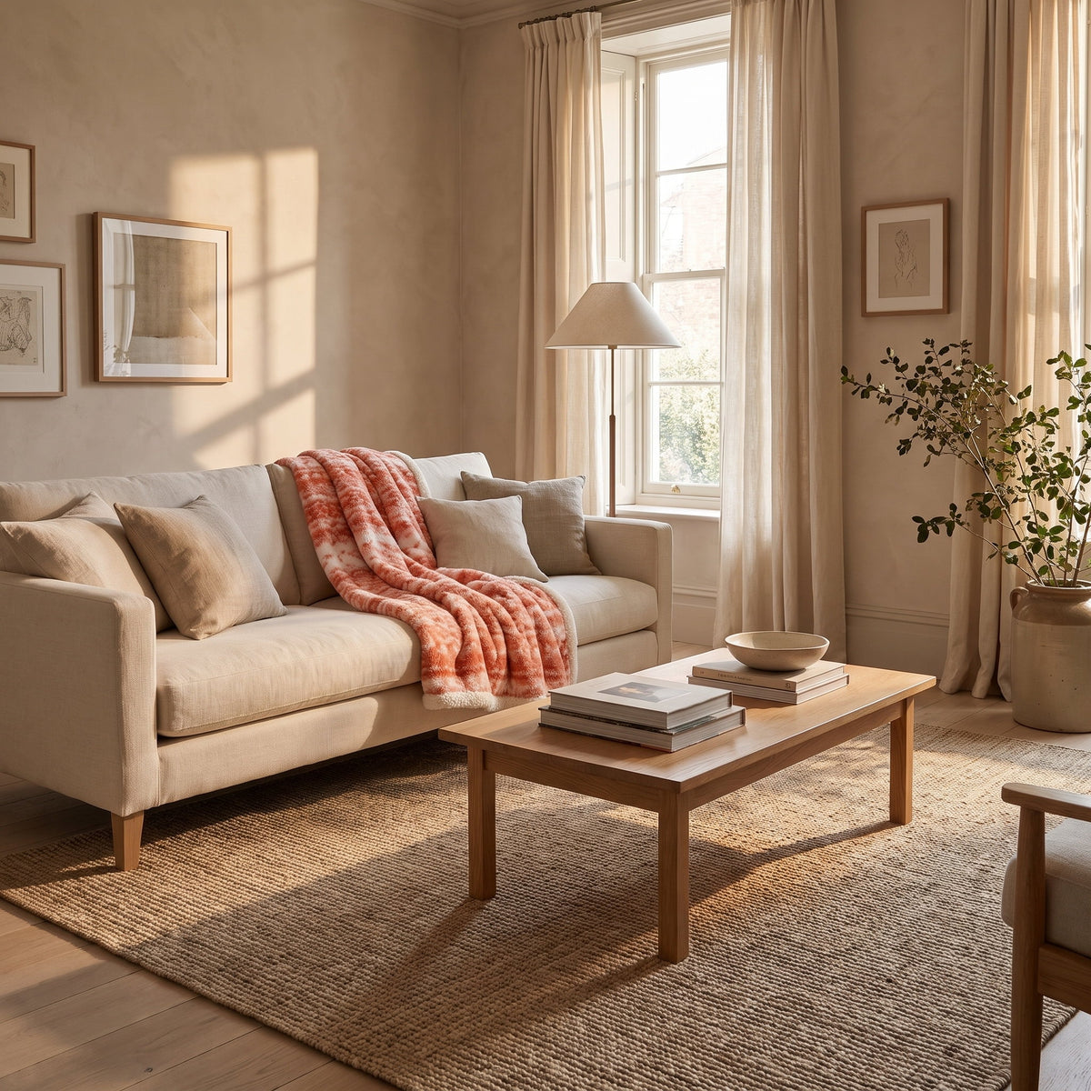 Seraphina coral blanket over a sofa in a warm styled living room, Style Room