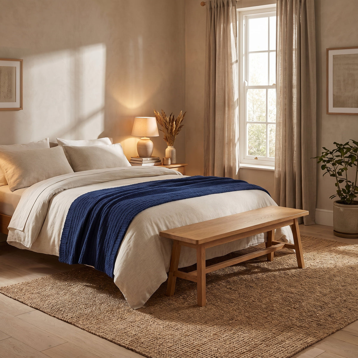 Seren navy throw folded across a cream linen bed, Style Room