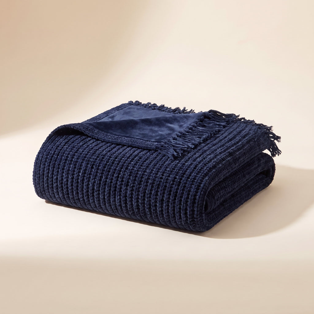 Seren Knit Throw Blanket in Dark Navy Blue, Style Room