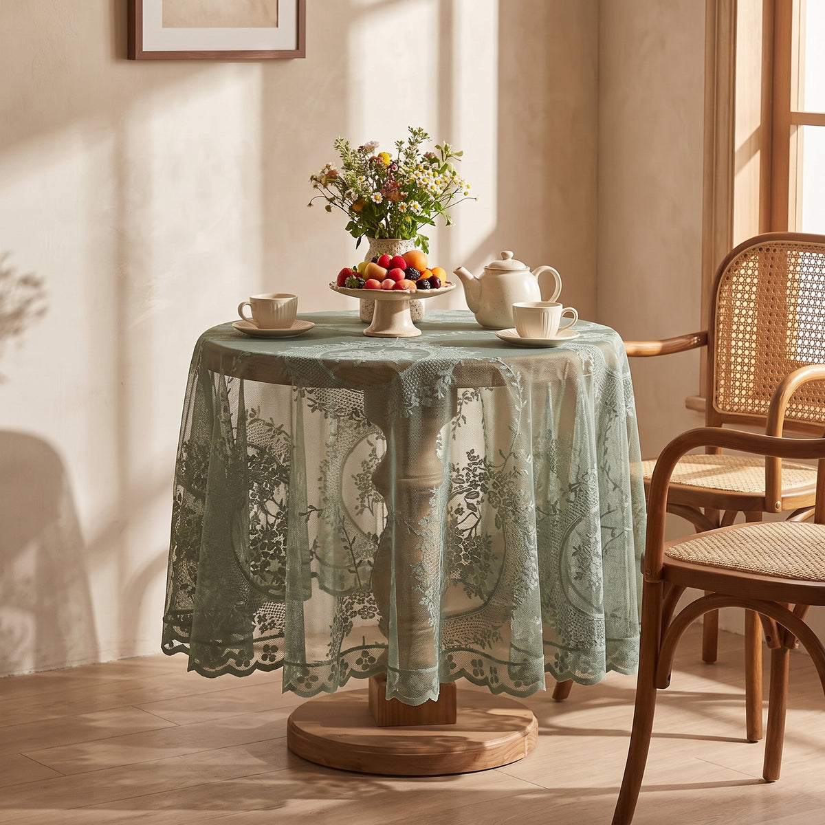 Serena lace tablecloth on a round table set for tea, Style Room