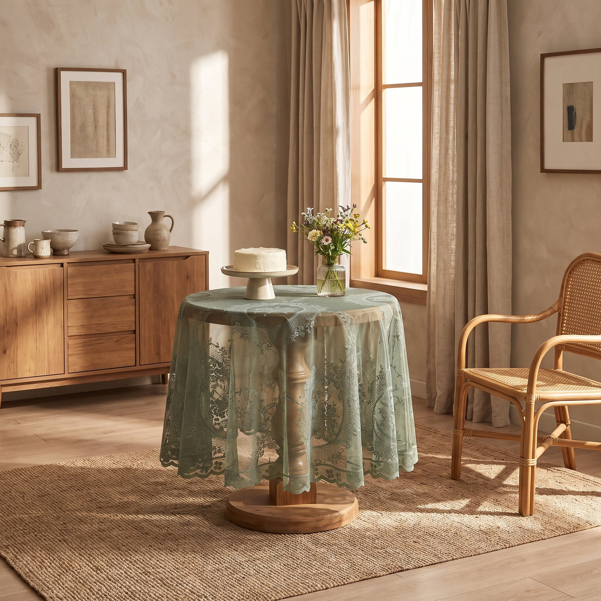 Serena lace round tablecloth in a warm styled room, Style Room