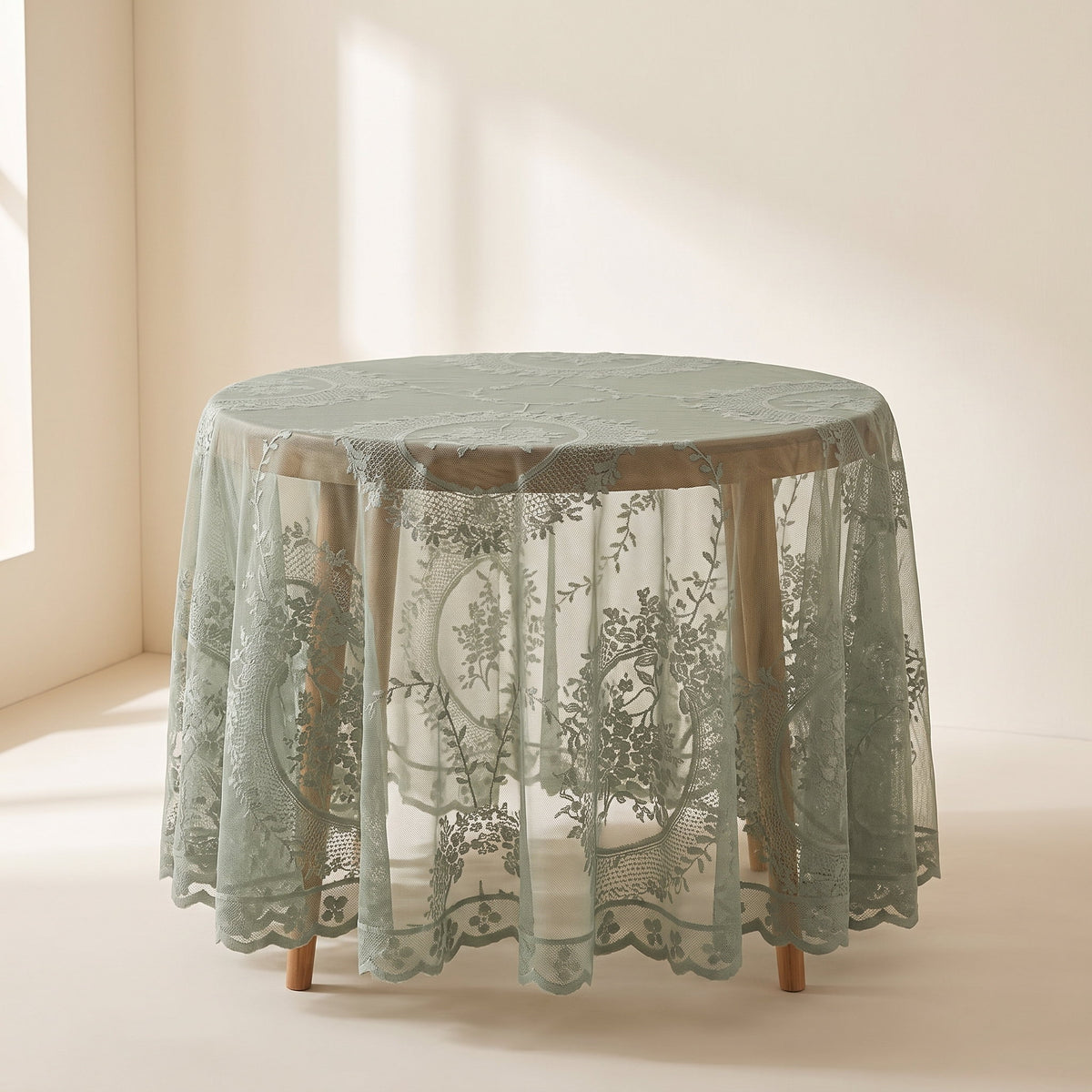 Serena sheer floral lace round tablecloth on a bare round table, full view